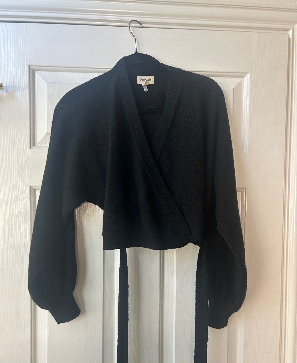 Open Edit Black Cropped Wrap Cardigan with Tie